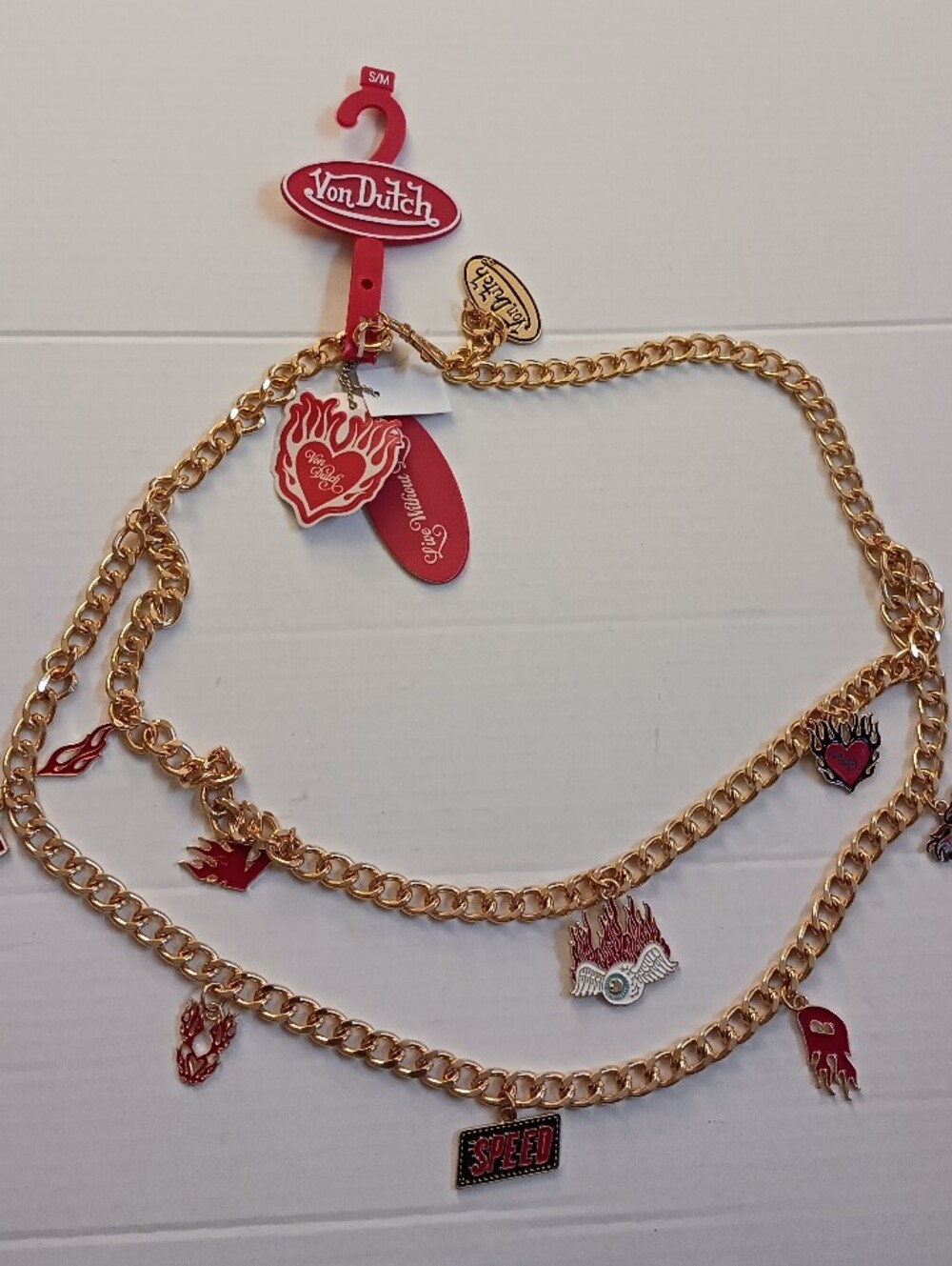 VON DUTCH Double Chain CHARM Belt Gold-tone Enamel Eyeball Flames Size S/M New